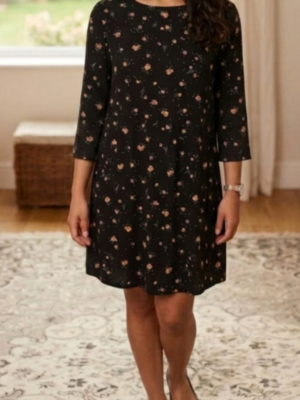 Old Navy Black Floral 3/4 Sleeve with Bell Sleeves Shift Dress - Women's Size M